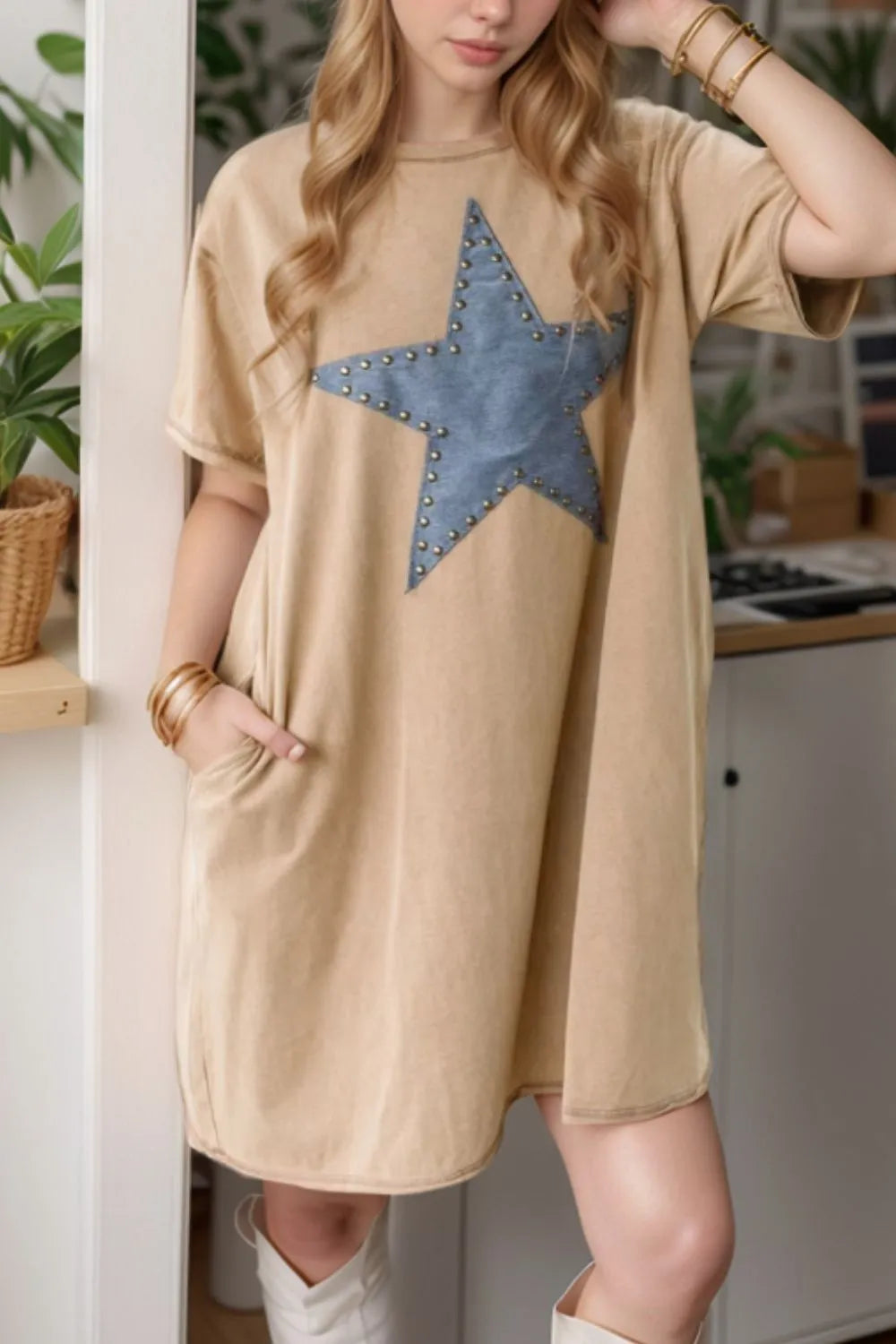 Mineral wash t-shirt dress with stud beaded star applique and pockets.