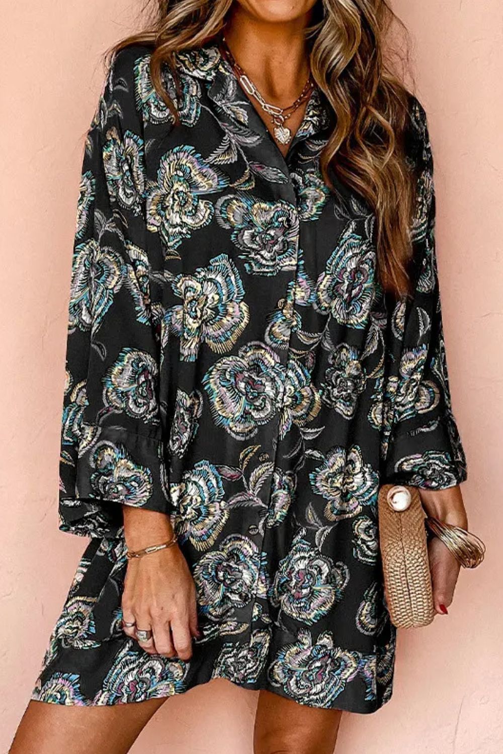 Floral button-up three-quarter sleeve shirt dress