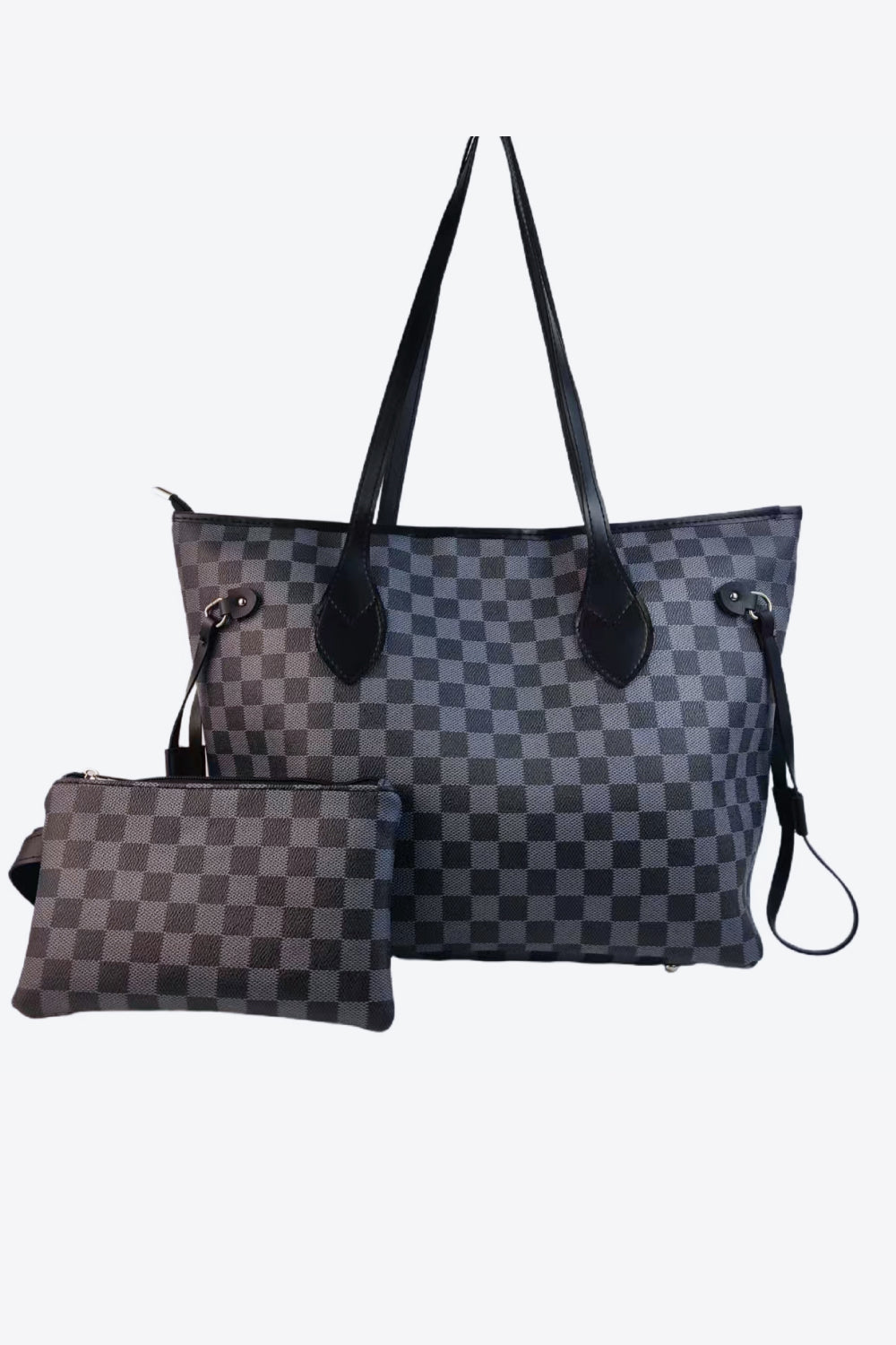 Checkered PVC two-piece bag set with large tote and small pouch.