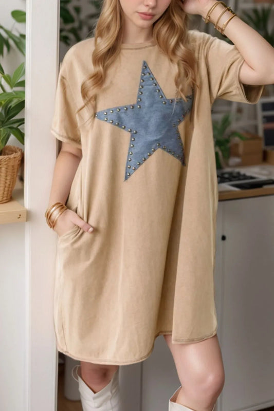 Mineral wash t-shirt dress with stud beaded star applique and pockets.