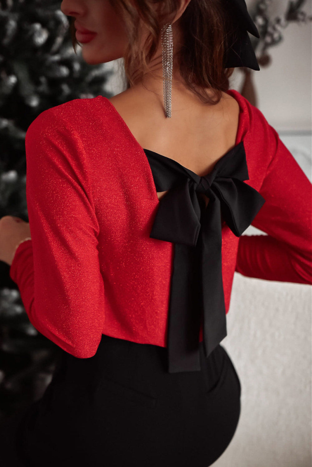 Red Bowknot V-Neck Long Sleeve Blouse with Black Back Bow, Opaque and Slightly Stretchy.